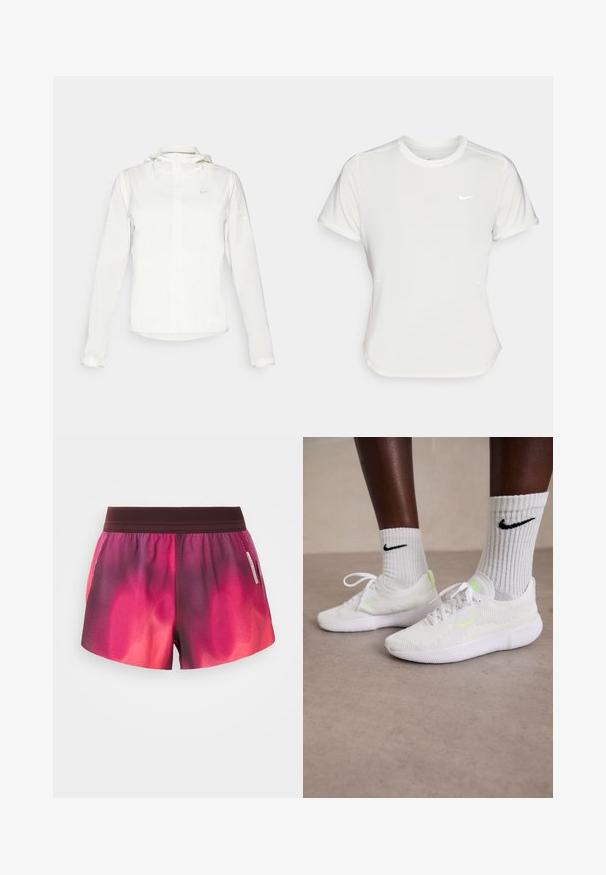 Hvid Nike-jakke med hætte, fuld lynlås, elastiske manchetter og et diskret logo på brystet. Glat tekstur og let design.; Nike T-shirt i hvid, med korte ærmer, rund halsudskæring, lavet af et glat, let stof. Har et diskret logo på brystet.; Pink og lilla gradient sportsshorts med elastisk talje, glat tekstur og et label på siden. Shortsene har en afslappet pasform.; Hvide Nike sneakers med struktureret mesh-øverdel og neongrønne accenter, parret med ribbede hvide sokker med et sort logo.