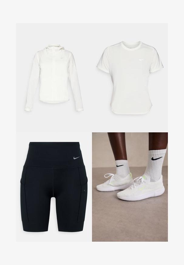 Hvit Nike-jakke med hette, hel glidelås, elastiske mansjetter og en diskret logo på brystet. Glatt tekstur og lett design.; Nike T-skjorte i hvit, kortermet, rund hals, laget av et glatt og lett materiale. Har en subtil logo på brystet.; Svart høyverdig trening shorts laget av elastisk materiale; har sidelommer og en liten Nike-logo på midjen.; Hvite Nike-sneakers med teksturert mesh-overdel og neongrønne detaljer, parret med ribbede hvite sokker med en svart logo.