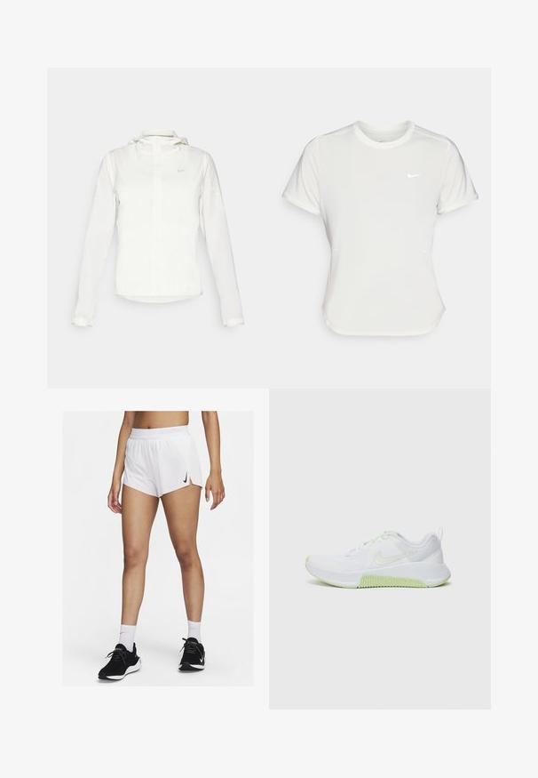 Giacca Nike bianca con cappuccio, zip completa, polsini elasticizzati e un logo discreto sul petto. Texture liscia e design leggero.; T-shirt Nike bianco, maniche corte, scollatura rotonda, realizzata in un tessuto morbido e leggero. Presenta un logo discreto sul petto.; Pantaloncini sportivi bianchi con vita a coste, spacchi laterali e logo Nike nero. Indossati con scarpe da ginnastica nere e calzini bianchi alti.; Scarpe sportive bianche con tomaia in rete testurizzata, dettagli verde lime sulla suola e i lacci, e una punta arrotondata per flessibilità.