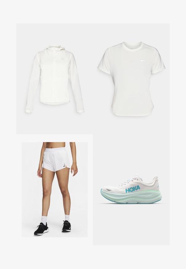 Casaco branco da Nike com capuz, fecho completo, punhos elásticos e um logótipo subtil no peito. Textura suave e design leve.; T-shirt da Nike em branco, mangas curtas, decote redondo, feito de um tecido liso e leve. Apresenta um logo discreto no peito.; Calções atléticos brancos com cós canelado, fendas laterais e um logótipo preto da Nike. Usados com ténis pretos e meias brancas até ao meio da canela.; Sapatilha de corrida branca com sola almofadada, detalhes azuis e parte superior em malha. Apresenta um logótipo proeminente e uma sola texturizada para melhor aderência.