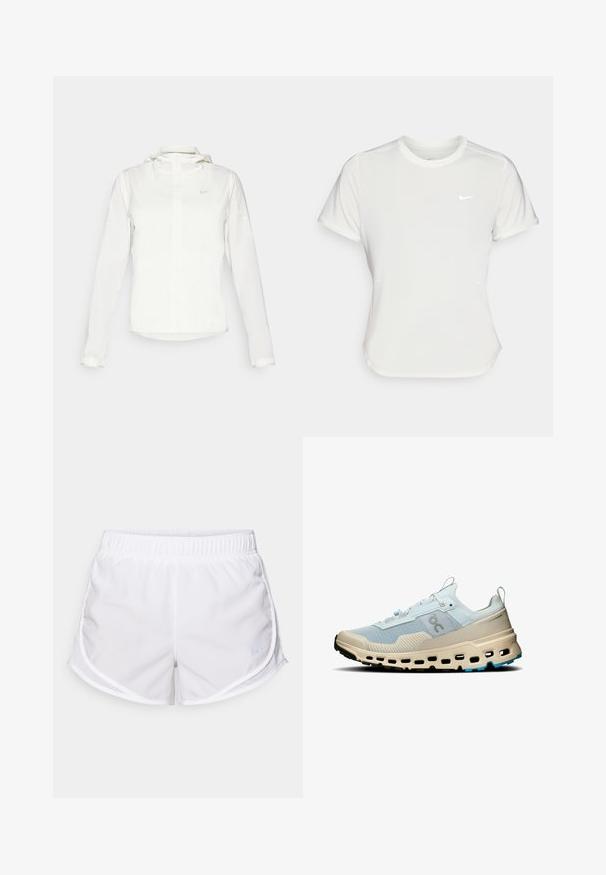 White Nike jacket with a hood, full zip, elastic cuffs, and a subtle logo on the chest. Smooth texture and lightweight design.; Nike T-shirt in white, short sleeves, round neckline, made from a smooth, lightweight fabric. Features a subtle logo on the chest.; White athletic shorts made of lightweight, breathable fabric. Features an elastic waistband and mesh side panels, with a small blue logo accent.; Light blue mesh running shoe with beige accents, textured finish, prominent midsole cutouts, and contrasting black outsole.