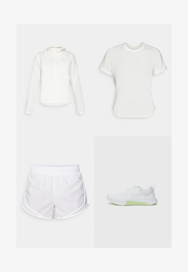 Witte Nike-jack met een capuchon, volledige rits, elastische manchetten en een subtiele logo op de borst. Gladde textuur en lichtgewicht ontwerp.; Nike T-shirt in het wit, korte mouwen, ronde halslijn, gemaakt van een gladde, lichte stof. Bevat een subtiele logo op de borst.; Witte sportshorts van lichtgewicht, ademend materiaal. Voorzien van een elastische tailleband en mesh zijpanelen, met een klein blauw logo accent.; Witte sportieve schoenen met een textiel mesh bovenwerk, limoen groene accenten op de zool en veters, en een afgeronde neusontwerp voor flexibiliteit.