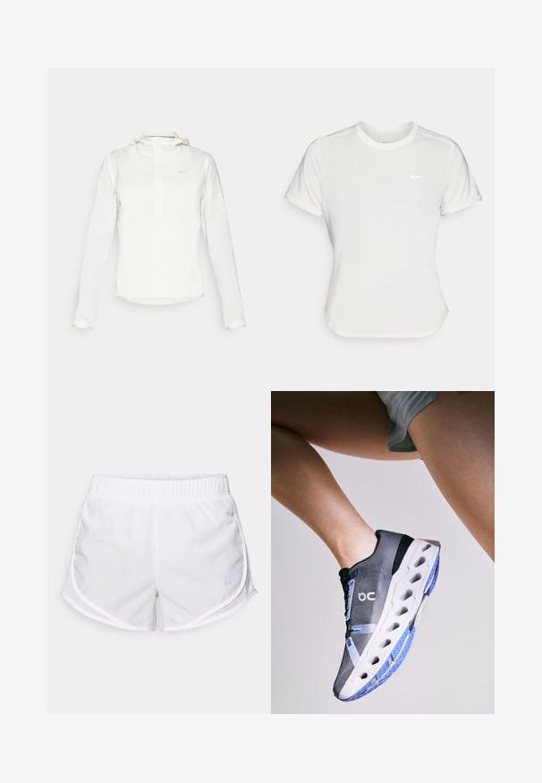 Witte Nike-jack met een capuchon, volledige rits, elastische manchetten en een subtiele logo op de borst. Gladde textuur en lichtgewicht ontwerp.; Nike T-shirt in het wit, korte mouwen, ronde halslijn, gemaakt van een gladde, lichte stof. Bevat een subtiele logo op de borst.; Witte sportshorts van lichtgewicht, ademend materiaal. Voorzien van een elastische tailleband en mesh zijpanelen, met een klein blauw logo accent.; On CLOUDECLIPSE - Hardloopschoenen voor op de weg - black frost