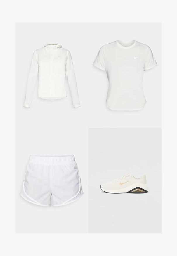 Bijela Nike jakna s kapuljačom, punim zatvaračem, elastičnim manžetama i suptilnim logotipom na prsima. Glatka textura i lagan dizajn.; Nike majica u bijeloj boji, kratkih rukava, okruglog izreza, izrađena od glatkog, laganog materijala. Sadrži diskretni логотип na prsima.; Bijeli atletski šortsevi izrađeni od lagane, prozračne tkanine. Imaju elastični pojas i mrežaste bočne panele, s malim plavim logotipom.; Nike tenisice s bijelim i zlatnim dizajnom, s teksturiranim gornjim dijelom, podstavljenim petnim dijelom, crnim potplatom i istaknutim logotipom.