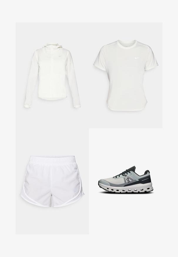 Valkoinen Nike-takki hupulla, täyspitkällä vetoketjulla, joustavilla hihansuilla ja hillityllä logolla rinnassa. Sujuva pinta ja kevyt muotoilu.; Nike T-paita valkoisena, lyhythihaisena, pyöreällä kaula-aukolla, valmistettu sileästä, kevyestä kankaasta. Rinnassa on huomaamaton logo.; Valkoiset urheilushortsit, jotka on valmistettu kevyestä ja hengittävästä kankaasta. Ominaisuuksina joustava vyötärö ja verkkomaiset sivupaneelit, sekä pieni sininen logon yksityiskohta.; Juoksukengät, joissa on vaaleanharmaa verkkomateriaali, tummansiniset yksityiskohdat ja paksu valkoinen välipohja, jossa on aukkoja. Nauhat ovat tummanharmaat.