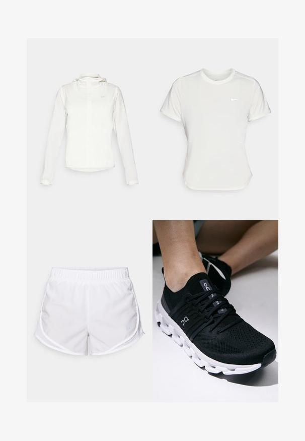 White Nike jacket with a hood, full zip, elastic cuffs, and a subtle logo on the chest. Smooth texture and lightweight design.; Nike T-shirt in white, short sleeves, round neckline, made from a smooth, lightweight fabric. Features a subtle logo on the chest.; White athletic shorts made of lightweight, breathable fabric. Features an elastic waistband and mesh side panels, with a small blue logo accent.; On CLOUDSWIFT - Road running shoes - all   black
