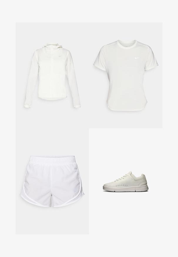 Valkoinen Nike-takki hupulla, täyspitkällä vetoketjulla, joustavilla hihansuilla ja hillityllä logolla rinnassa. Sujuva pinta ja kevyt muotoilu.; Nike T-paita valkoisena, lyhythihaisena, pyöreällä kaula-aukolla, valmistettu sileästä, kevyestä kankaasta. Rinnassa on huomaamaton logo.; Valkoiset urheilushortsit, jotka on valmistettu kevyestä ja hengittävästä kankaasta. Ominaisuuksina joustava vyötärö ja verkkomaiset sivupaneelit, sekä pieni sininen logon yksityiskohta.; Valkoiset urheilukengät, joissa on sileä nahkapinta, verkkokankaiset yksityiskohdat, litteät nauhat, rei'itetyt yksityiskohdat sivuilla ja teksturoidut kumipohjat.