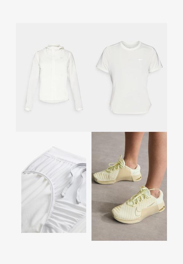 Fehér Nike dzseki kapucnival, teljes cipzárral, rugalmas mandzsettákkal és egy diszkrét logóval a mellkason. Sima textúrájú és könnyű kialakítású.; Fehér Nike póló, rövid ujjú, kerek nyakú, sima, könnyű anyagból készült. Diszkrét logóval rendelkezik a mellkason.; Fehér sportnadrág texturált derékpánttal, ráncolt oldali részletekkel és lapos húzózsinórral. Puha anyag sima felülettel.; Világos sárga sportcipő, hálós felsőrész, bordázott oldalakkal, kerek orral és lapos fűzőkkel. Az oldalon található a Nike logó.