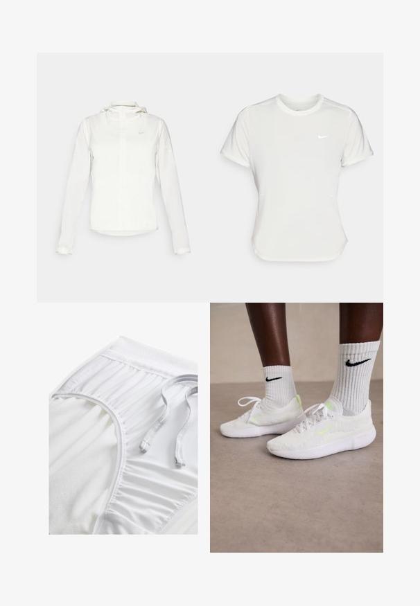 Hvid Nike-jakke med hætte, fuld lynlås, elastiske manchetter og et diskret logo på brystet. Glat tekstur og let design.; Nike T-shirt i hvid, med korte ærmer, rund halsudskæring, lavet af et glat, let stof. Har et diskret logo på brystet.; Hvide atletiske shorts med en tekstureret talje, sammensnørede sideløsninger og en flad snoretræk. Blødt stof med en glat overflade.; Hvide Nike sneakers med struktureret mesh-øverdel og neongrønne accenter, parret med ribbede hvide sokker med et sort logo.