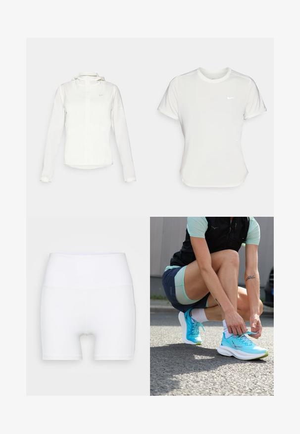 Bela Nike jakna s kapuco, polno zadrgo, elastičnimi manšetami in diskretnim logotipom na prsih. Gladka tekstura in lahko oblikovanje.; Nike majica v beli barvi, kratki rokavi, okrogla izrezana vrata, izdelana iz gladkega, lahkotnega materiala. Značilna je subtilna logo na prsnem delu.; Bele visoke hlače iz raztegljivega materiala. Imajo gladko teksturo in oprijet obliko, brez dodatnih vzorcev ali kovinskih delov.; Lahki turkizni tekaški čevlji z teksturirano mrežasto zgornjio, belimi podplati in zelenimi detajli, ki jih oseba zavezuje na pločniku.