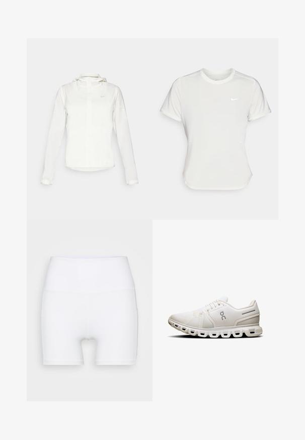 Valkoinen Nike-takki hupulla, täyspitkällä vetoketjulla, joustavilla hihansuilla ja hillityllä logolla rinnassa. Sujuva pinta ja kevyt muotoilu.; Nike T-paita valkoisena, lyhythihaisena, pyöreällä kaula-aukolla, valmistettu sileästä, kevyestä kankaasta. Rinnassa on huomaamaton logo.; Valkoiset korkeavyötäröiset shortsit, jotka on valmistettu joustavasta kankaasta. Ominaisuuksiin kuuluu sileä pinta ja tiukka muotoilu, ilman lisäkuvioita tai varusteita.; Valkoinen urheilukenkä, jossa on verkkoyläosa, litteät nauhat ja erottuva pohja, jossa on jaoteltu vaimennus ja hienovaraisia harmaita yksityiskohtia.