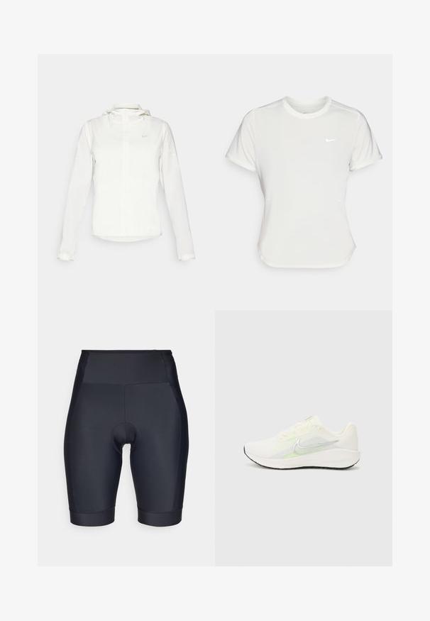 White Nike jacket with a hood, full zip, elastic cuffs, and a subtle logo on the chest. Smooth texture and lightweight design.; Nike T-shirt in white, short sleeves, round neckline, made from a smooth, lightweight fabric. Features a subtle logo on the chest.; Black cycling shorts made from smooth, stretchy fabric. High-waisted design with a padded insert and seam detailing.; Nike Performance DOWNSHIFTER 13 - Road running shoes - sail/silver-coloured photon dust/summit white/barely volt/black