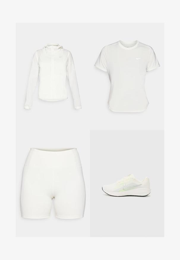 Hvit Nike-jakke med hette, hel glidelås, elastiske mansjetter og en diskret logo på brystet. Glatt tekstur og lett design.; Nike T-skjorte i hvit, kortermet, rund hals, laget av et glatt og lett materiale. Har en subtil logo på brystet.; Hvite høytaljede shorts laget av elastisk stoff. De har et elastisk midjebånd og panel sømmer, noe som gir en tett passform.; Nike Performance DOWNSHIFTER 13 - Løpesko for vei - sail/silver-coloured photon dust/summit white/barely volt/black