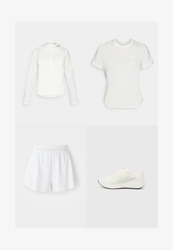Vit Nike-jacka med huva, hel dragkedja, elastiska ärmslutar och en diskret logotyp på bröstet. Slät textur och lätt design.; Nike T-shirt i vitt, kortärmad, rund halsringning, tillverkad av ett mjukt, lätt material. Har en diskret logotyp på bröstet.; Vita atletiska shorts med en slät textur, elastisk midja och utsvängd design. Har en liten logotyp på nedre högra sidan.; Nike Performance DOWNSHIFTER 13 - Väglöparskor - sail/silver-coloured photon dust/summit white/barely volt/black