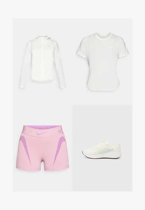 Chaqueta blanca de Nike con capucha, cremallera completa, puños elásticos y un logo sutil en el pecho. Textura suave y diseño ligero.; Camiseta Nike en blanco, de manga corta, escote redondo, hecha de una tela suave y ligera. Presenta un logo sutil en el pecho.; Bermudas deportivas rosas con una cinturilla ancha y texturizada. Presentan franjas diagonales moradas a los lados y un logo de Nike en blanco en el dobladillo.; Nike Performance DOWNSHIFTER 13 - Zapatillas running asfalto - sail/silver-coloured photon dust/summit white/barely volt/black