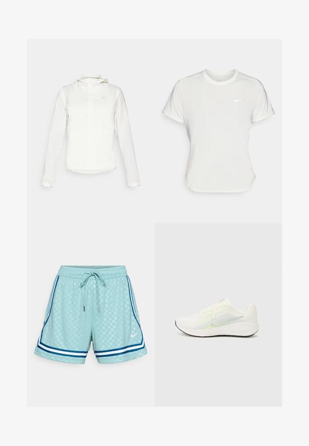 Casaco branco da Nike com capuz, fecho completo, punhos elásticos e um logótipo subtil no peito. Textura suave e design leve.; T-shirt da Nike em branco, mangas curtas, decote redondo, feito de um tecido liso e leve. Apresenta um logo discreto no peito.; Calções azul claro com um padrão em grade texturizado, cós elástico, cordão ajustável e riscas laterais azuis e brancas. Logótipo da Nike na frente.; Nike Performance DOWNSHIFTER 13 - Sapatos para corrida em estrada - sail/silver-coloured photon dust/summit white/barely volt/black