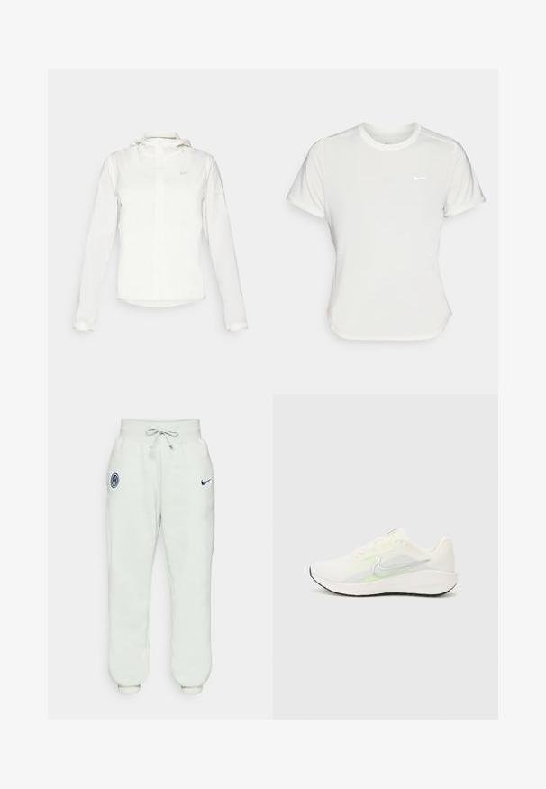 Bela Nike jakna s kapuco, polno zadrgo, elastičnimi manšetami in diskretnim logotipom na prsih. Gladka tekstura in lahko oblikovanje.; Nike majica v beli barvi, kratki rokavi, okrogla izrezana vrata, izdelana iz gladkega, lahkotnega materiala. Značilna je subtilna logo na prsnem delu.; Svetlosive trenirke s elastičnim pasom, vrvico, manšetami na gležnjih in mornarsko modrim grbom s simbolom na levi stegni.; Nike Performance DOWNSHIFTER 13 - Tekaški copati za cesto - sail/silver-coloured photon dust/summit white/barely volt/black
