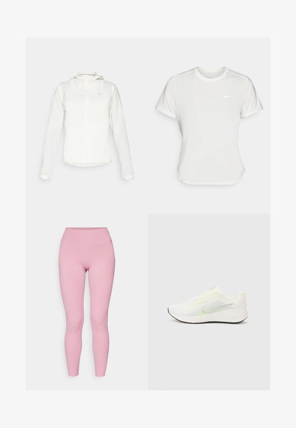 Casaco branco da Nike com capuz, fecho completo, punhos elásticos e um logótipo subtil no peito. Textura suave e design leve.; T-shirt da Nike em branco, mangas curtas, decote redondo, feito de um tecido liso e leve. Apresenta um logo discreto no peito.; Leggings cor-de-rosa com uma cintura alta, feitos de um tecido suave e elástico. Apresentam detalhes de costura mínimos e um pequeno logótipo.; Nike Performance DOWNSHIFTER 13 - Sapatos para corrida em estrada - sail/silver-coloured photon dust/summit white/barely volt/black