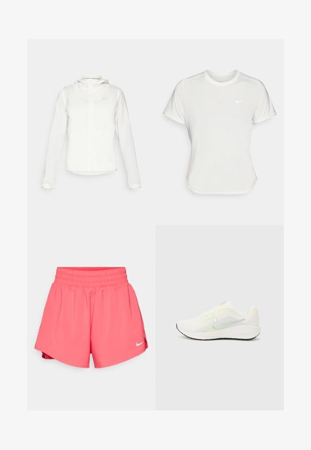 Weiße Nike-Jacke mit Kapuze, durchgehendem Reißverschluss, elastischen Bündchen und einem dezenten Logo auf der Brust. Glatte Textur und leichtes Design.; Nike T-Shirt in Weiß, mit kurzen Ärmeln und rundem Kragen, aus einem glatten, leichten Stoff gefertigt. Verfügt über ein dezentes Logo auf der Brust.; Nike Performance ONE SHORT - Kurze Sporthose - aster pink/silver; Nike Performance DOWNSHIFTER 13 - Laufschuh Straße - sail/silver-coloured photon dust/summit white/barely volt/black