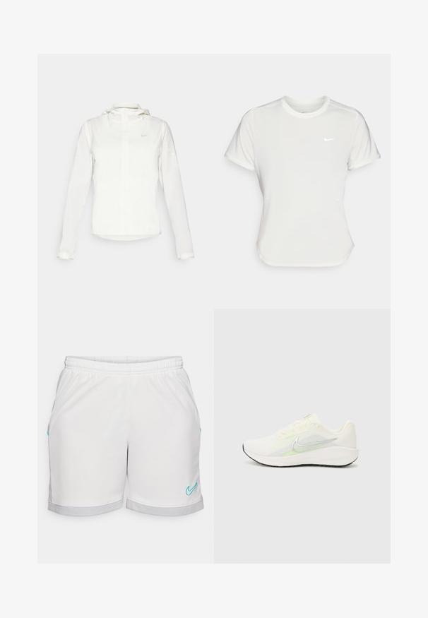 Biela Nike bunda s kapucňou, plným zipsom, elastickými manžetami a jemným logom na hrudi. Hladká textúra a ľahký dizajn.; Biele tričko Nike s krátkym rukávom a okrúhlym výstrihom, vyrobené z hladkej a ľahkej látky. Na hrudi má nenápadné logo.; Biele atletické šortky s elastickým pásom, s tyrkysovými akcentmi a šedým sieťovaným lemom. Hladká textúra látky, rovný strih.; Nike Performance DOWNSHIFTER 13 - Cestná bežecká obuv - sail/silver-coloured photon dust/summit white/barely volt/black
