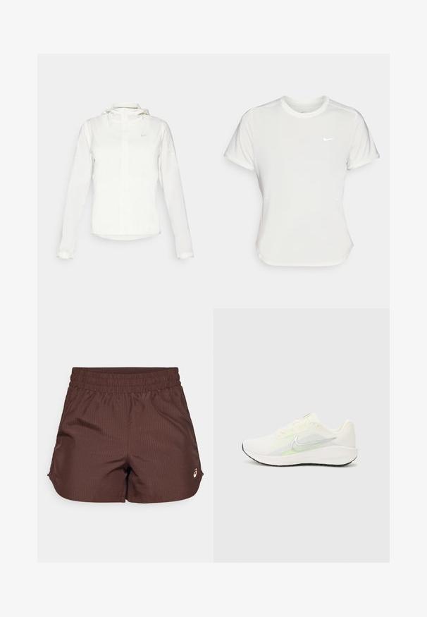 Biela Nike bunda s kapucňou, plným zipsom, elastickými manžetami a jemným logom na hrudi. Hladká textúra a ľahký dizajn.; Biele tričko Nike s krátkym rukávom a okrúhlym výstrihom, vyrobené z hladkej a ľahkej látky. Na hrudi má nenápadné logo.; Hnedé športové šortky s rebrovanou štruktúrou, elastickým pásom a malým logom v svetlej farbe na dolnej prednej strane.; Nike Performance DOWNSHIFTER 13 - Cestná bežecká obuv - sail/silver-coloured photon dust/summit white/barely volt/black