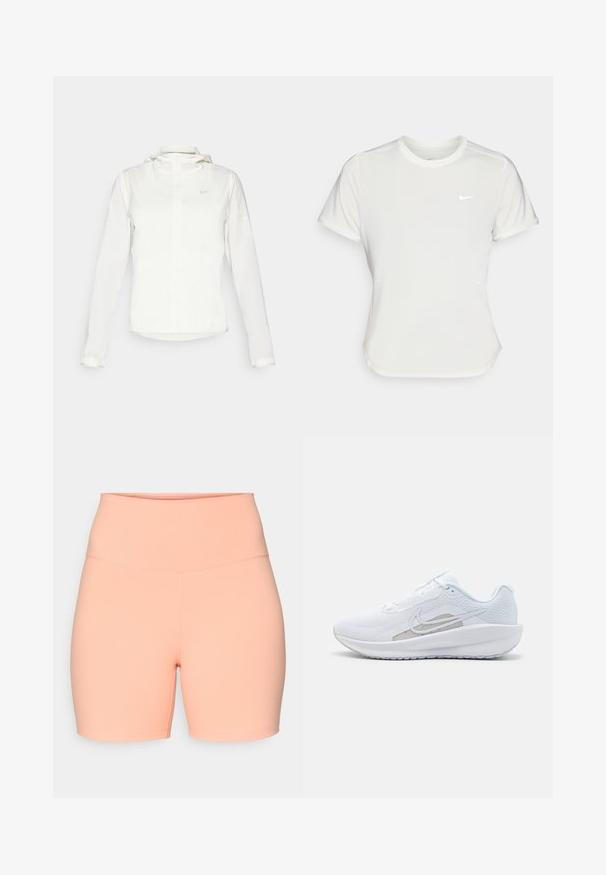 Chaqueta blanca de Nike con capucha, cremallera completa, puños elásticos y un logo sutil en el pecho. Textura suave y diseño ligero.; Camiseta Nike en blanco, de manga corta, escote redondo, hecha de una tela suave y ligera. Presenta un logo sutil en el pecho.; Shorts color melocotón, elásticos y de cintura alta. Textura suave, de largo hasta la rodilla y sin patrones ni elementos visibles.; Zapatilla deportiva blanca con parte superior de malla, punta redondeada y suela texturizada. Presenta un swoosh de Nike plateado y un diseño minimalista.