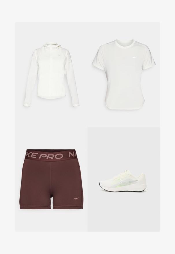 Giacca Nike bianca con cappuccio, zip completa, polsini elasticizzati e un logo discreto sul petto. Texture liscia e design leggero.; T-shirt Nike bianco, maniche corte, scollatura rotonda, realizzata in un tessuto morbido e leggero. Presenta un logo discreto sul petto.; Shorts sportivi marroni con una larga vita scura che presenta il testo "NIKE PRO". Texture liscia con un piccolo logo Nike rosa sul lato.; Nike Performance DOWNSHIFTER 13 - Scarpe da corsa su strada - sail/silver-coloured photon dust/summit white/barely volt/black