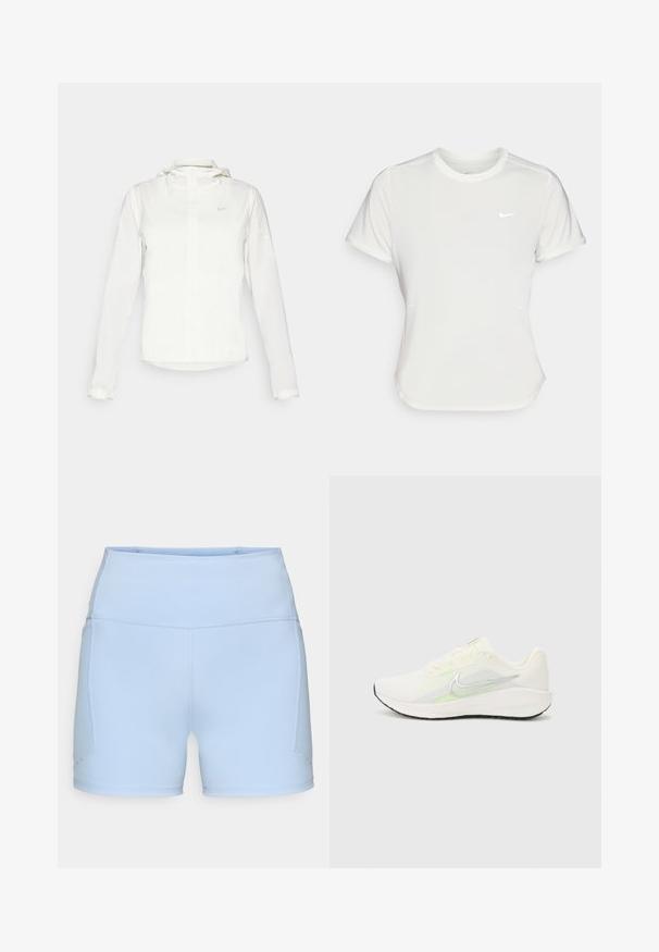 Chaqueta blanca de Nike con capucha, cremallera completa, puños elásticos y un logo sutil en el pecho. Textura suave y diseño ligero.; Camiseta Nike en blanco, de manga corta, escote redondo, hecha de una tela suave y ligera. Presenta un logo sutil en el pecho.; Pantalones cortos deportivos de color azul claro, hechos de una tela elástica con una cintura alta y costuras planas. Presentan bolsillos laterales y una textura suave.; Nike Performance DOWNSHIFTER 13 - Zapatillas running asfalto - sail/silver-coloured photon dust/summit white/barely volt/black