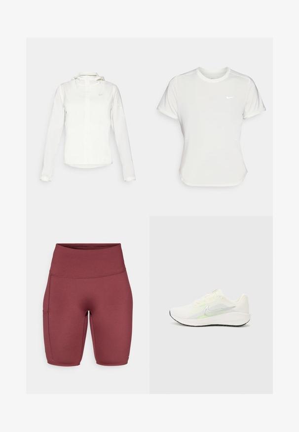 Bela Nike jakna s kapuco, polno zadrgo, elastičnimi manšetami in diskretnim logotipom na prsih. Gladka tekstura in lahko oblikovanje.; Nike majica v beli barvi, kratki rokavi, okrogla izrezana vrata, izdelana iz gladkega, lahkotnega materiala. Značilna je subtilna logo na prsnem delu.; Burgundske hlače z visokim pasom iz gladkega, raztegljivega materiala. Imajo stransko žep in so prilegajoče, primerne za športno oblačilo.; Nike Performance DOWNSHIFTER 13 - Tekaški copati za cesto - sail/silver-coloured photon dust/summit white/barely volt/black