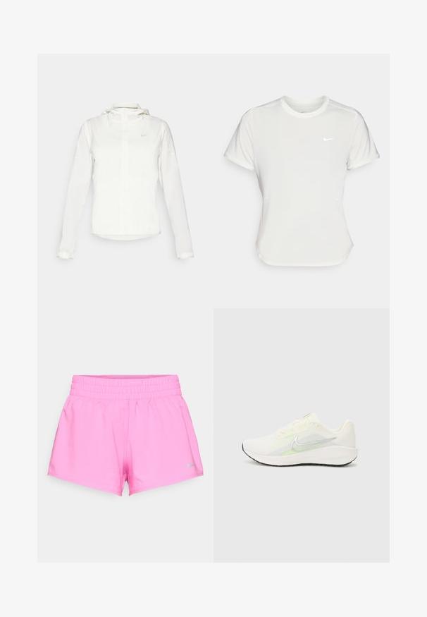 Valkoinen Nike-takki hupulla, täyspitkällä vetoketjulla, joustavilla hihansuilla ja hillityllä logolla rinnassa. Sujuva pinta ja kevyt muotoilu.; Nike T-paita valkoisena, lyhythihaisena, pyöreällä kaula-aukolla, valmistettu sileästä, kevyestä kankaasta. Rinnassa on huomaamaton logo.; Kirkas vaaleanpunaiset urheilushortsit joustavalla vyötärönauhalla ja pieni harmaa Nike-logo vasemmassa alakulmassa valkoista taustaa vasten.; Nike Performance DOWNSHIFTER 13 - Katujuoksukengät - sail/silver-coloured photon dust/summit white/barely volt/black