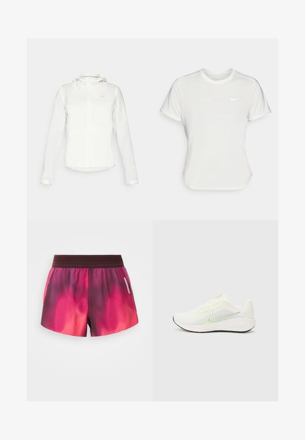 Bijela Nike jakna s kapuljačom, punim zatvaračem, elastičnim manžetama i suptilnim logotipom na prsima. Glatka textura i lagan dizajn.; Nike majica u bijeloj boji, kratkih rukava, okruglog izreza, izrađena od glatkog, laganog materijala. Sadrži diskretni логотип na prsima.; Atletske kratke hlače u ružičastoj i ljubičastoj gradaciji s elastičnom trakom u struku, glatke teksture, i oznakom s strane. Hlače imaju opušteni kroj.; Nike Performance DOWNSHIFTER 13 - Tenisice za cestovno trčanje - sail/silver-coloured photon dust/summit white/barely volt/black