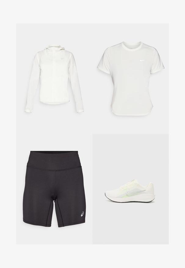 Veste blanche Nike avec capuche, fermeture éclair intégrale, poignets élastiques et un logo discret sur la poitrine. Texture lisse et design léger.; T-shirt Nike en blanc, à manches courtes, col rond, fabriqué dans un tissu lisse et léger. Présente un logo discret sur la poitrine.; Shorts de sport noirs avec une texture lisse, un design ajusté et une taille haute. Ils présentent des coutures contrastantes et un petit logo sur la jambe inférieure.; Nike Performance DOWNSHIFTER 13 - Chaussures de running sur route - sail/silver-coloured photon dust/summit white/barely volt/black