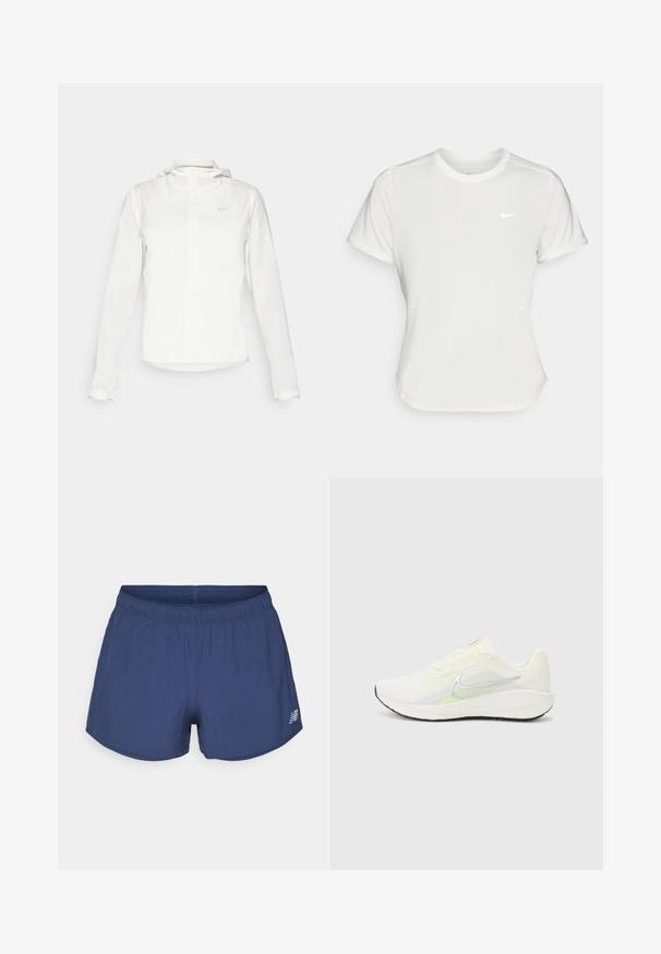 Casaco branco da Nike com capuz, fecho completo, punhos elásticos e um logótipo subtil no peito. Textura suave e design leve.; T-shirt da Nike em branco, mangas curtas, decote redondo, feito de um tecido liso e leve. Apresenta um logo discreto no peito.; Calções desportivos azul-marinho com cintura elástica e pequeno logótipo da New Balance no canto inferior esquerdo.; Nike Performance DOWNSHIFTER 13 - Sapatos para corrida em estrada - sail/silver-coloured photon dust/summit white/barely volt/black