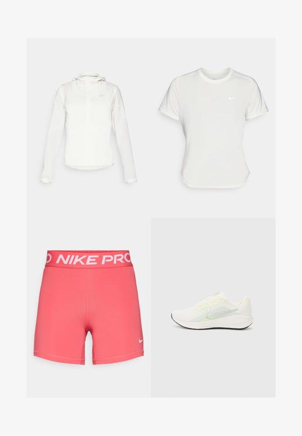 Jachetă albă Nike cu glugă, fermoar pe toată lungimea, manșete elastice și un logo subtil pe piept. Textură netedă și design ușor.; Tricou Nike alb, cu mâneci scurte, decolteu rotund, fabricat dintr-un material neted și ușor. Prezintă un logo subtil pe piept.; Nike Performance SHORT - Leggings - aster pink/white; Nike Performance DOWNSHIFTER 13 - Pantofi de alergare pe asfalt - sail/silver-coloured photon dust/summit white/barely volt/black