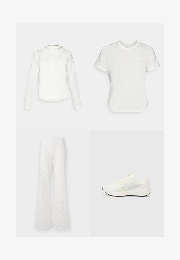 White Nike jacket with a hood, full zip, elastic cuffs, and a subtle logo on the chest. Smooth texture and lightweight design.; Nike T-shirt in white, short sleeves, round neckline, made from a smooth, lightweight fabric. Features a subtle logo on the chest.; White flared pants made of textured fabric featuring a diamond pattern. The waistband is smooth, with no visible hardware or accents.; Nike Performance DOWNSHIFTER 13 - Road running shoes - sail/silver-coloured photon dust/summit white/barely volt/black