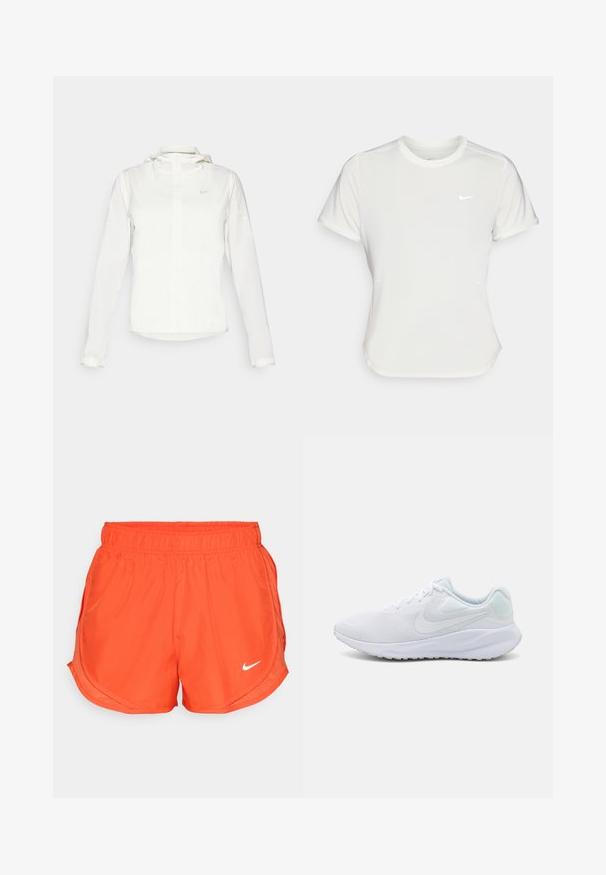 Chaqueta blanca de Nike con capucha, cremallera completa, puños elásticos y un logo sutil en el pecho. Textura suave y diseño ligero.; Camiseta Nike en blanco, de manga corta, escote redondo, hecha de una tela suave y ligera. Presenta un logo sutil en el pecho.; Pantalones cortos deportivos naranjas con cintura elástica, aberturas laterales y un logo blanco de Nike en la parte frontal. Fabricados con un tejido suave y ligero.; Zapatillas deportivas blancas con parte superior de malla, diseño texturizado, puntera redonda, cuello acolchado y acentos en azul claro en el talón. Suela de goma.