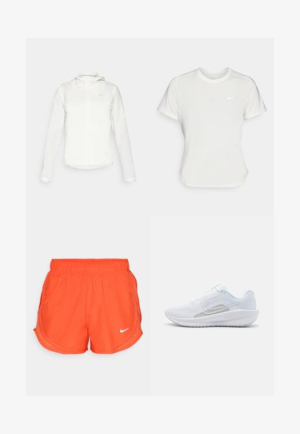 Bijela Nike jakna s kapuljačom, punim zatvaračem, elastičnim manžetama i suptilnim logotipom na prsima. Glatka textura i lagan dizajn.; Nike majica u bijeloj boji, kratkih rukava, okruglog izreza, izrađena od glatkog, laganog materijala. Sadrži diskretni логотип na prsima.; Narančaste atletske kratke hlače s elastičnom trakicom u struku, bočnim prorezima i bijelim Nike logotipom sprijeda. Izrađene su od glatke, lagane tkanine.; Bijela atletska cipela s mrežastom gornjom površinom, zaobljenim nožnim prstom i teksturiranim potplatom. Sadrži srebrni Nike swoosh i minimalistički dizajn.