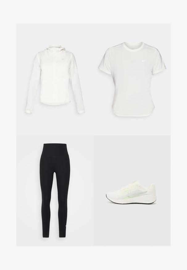 Giacca Nike bianca con cappuccio, zip completa, polsini elasticizzati e un logo discreto sul petto. Texture liscia e design leggero.; T-shirt Nike bianco, maniche corte, scollatura rotonda, realizzata in un tessuto morbido e leggero. Presenta un logo discreto sul petto.; Leggings neri a vita alta in un tessuto liscio e elastico. Caratterizzati da un design elegante con un logo vicino alla caviglia. Adatti per l'abbigliamento sportivo.; Nike Performance DOWNSHIFTER 13 - Scarpe da corsa su strada - sail/silver-coloured photon dust/summit white/barely volt/black