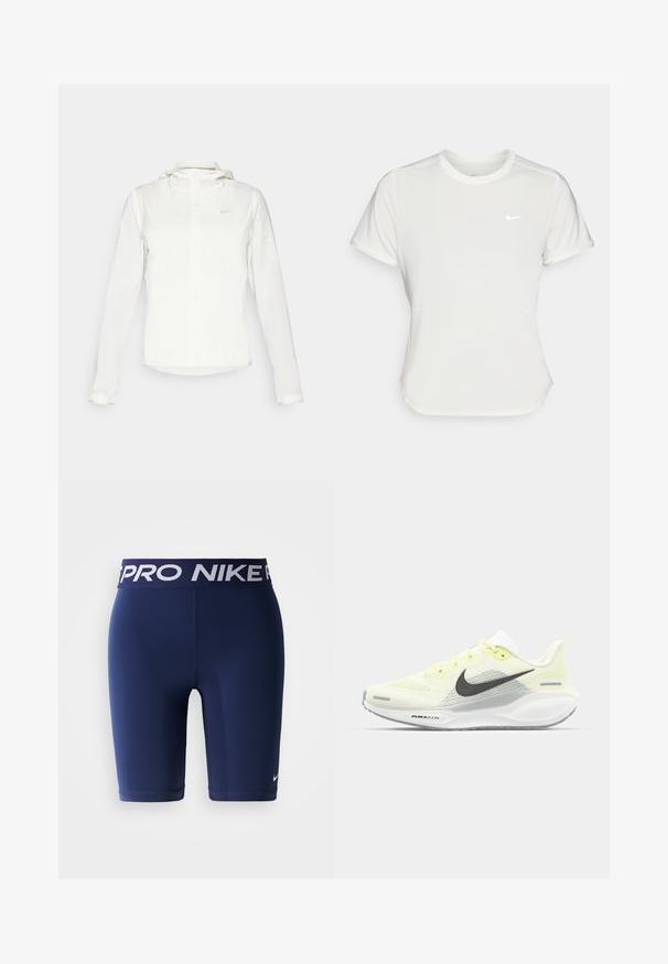 Biała kurtka Nike z kapturem, na zamek błyskawiczny, elastyczne mankiety i subtelne logo na piersi. Gładka tekstura i lekka konstrukcja.; Koszulka Nike w kolorze białym, z krótkimi rękawami, okrągłym dekoltem, wykonana z gładkiego, lekkiego materiału. Posiada subtelne logo na piersi.; Granatowe spodenki kompresyjne Nike Pro z elastycznym pasem, z białym logo Nike Pro oraz małym białym swooshem Nike na nogawce.; Biegi Nike z lekką żółtą i białą siateczką cholewy, szarymi akcentami i elastyczną gumową podeszwą. Posiada klasyczne sznurowanie.