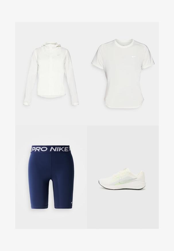 Witte Nike-jack met een capuchon, volledige rits, elastische manchetten en een subtiele logo op de borst. Gladde textuur en lichtgewicht ontwerp.; Nike T-shirt in het wit, korte mouwen, ronde halslijn, gemaakt van een gladde, lichte stof. Bevat een subtiele logo op de borst.; Marineblauwe Nike Pro compressie shorts met elastische tailleband, voorzien van witte Nike Pro merknaam en een klein wit Nike swoosh op het been.; Nike Performance DOWNSHIFTER 13 - Hardloopschoenen voor op de weg - sail/silver-coloured photon dust/summit white/barely volt/black