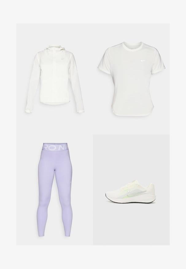 Giacca Nike bianca con cappuccio, zip completa, polsini elasticizzati e un logo discreto sul petto. Texture liscia e design leggero.; T-shirt Nike bianco, maniche corte, scollatura rotonda, realizzata in un tessuto morbido e leggero. Presenta un logo discreto sul petto.; Leggings lilla chiaro con una larga cintura bianca "NIKE PRO" e un logo discreto sulla parte bassa della gamba, realizzati in un morbido materiale elasticizzato.; Nike Performance DOWNSHIFTER 13 - Scarpe da corsa su strada - sail/silver-coloured photon dust/summit white/barely volt/black