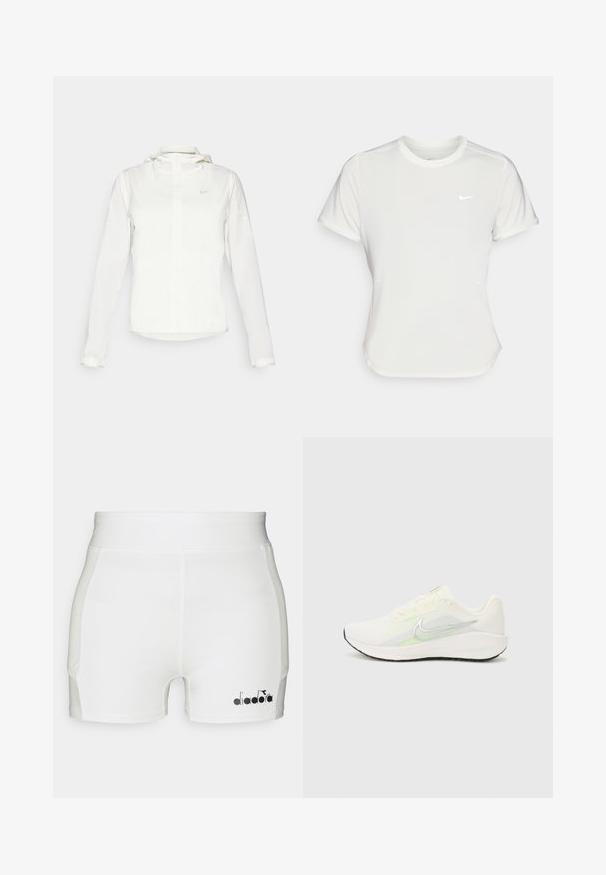 Balta Nike jaka ar kapuci, pilna rāvējslēdzēja, elastīgām piedurknēm un diskrētu logotipu uz krūšu daļas. Gluda tekstūra un viegla konstrukcija.; Nike t-krekls baltā krāsā, īsām piedurknēm, ar apaļu kakla izgriezumu, izgatavots no gludas, vieglas auduma. Uz krūtīm ir diskreta logo.; Baltie sporta šorti ar pieguļošu dizainu, izgatavoti no gludas auduma, ar melnu logotipa detaļu apakšējā kreisajā pusē.; Nike Performance DOWNSHIFTER 13 - Apavi skriešanai pa asfaltu - sail/silver-coloured photon dust/summit white/barely volt/black