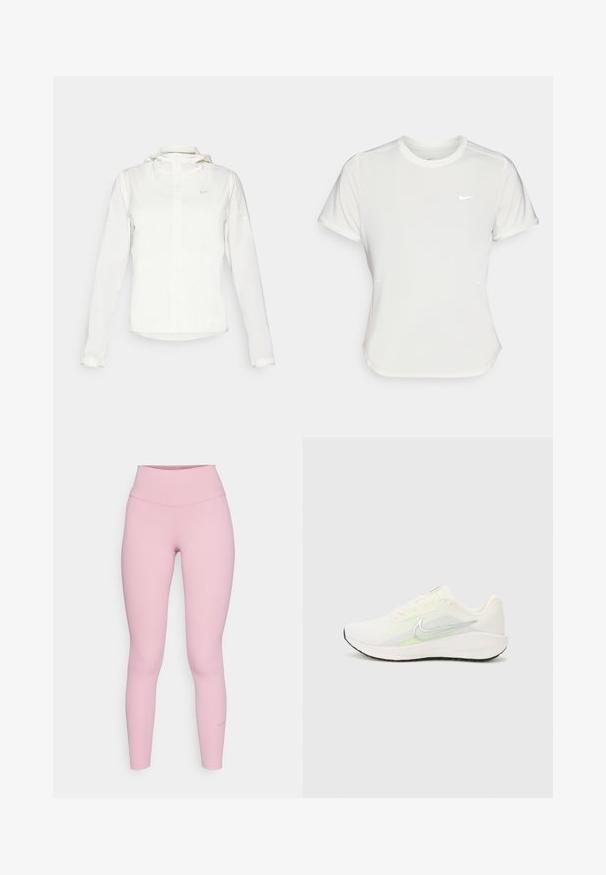 Giacca Nike bianca con cappuccio, zip completa, polsini elasticizzati e un logo discreto sul petto. Texture liscia e design leggero.; T-shirt Nike bianco, maniche corte, scollatura rotonda, realizzata in un tessuto morbido e leggero. Presenta un logo discreto sul petto.; Leggings rosa con vita alta, realizzati in materiale liscio ed elastico. Presentano un piccolo logo vicino alla caviglia. Design snello.; Nike Performance DOWNSHIFTER 13 - Scarpe da corsa su strada - sail/silver-coloured photon dust/summit white/barely volt/black