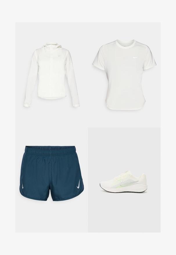 White Nike jacket with a hood, full zip, elastic cuffs, and a subtle logo on the chest. Smooth texture and lightweight design.; Nike T-shirt in white, short sleeves, round neckline, made from a smooth, lightweight fabric. Features a subtle logo on the chest.; Nike Performance FAST TEMPO SHORT - Sports shorts - armory navy/silver; Nike Performance DOWNSHIFTER 13 - Road running shoes - sail/silver-coloured photon dust/summit white/barely volt/black