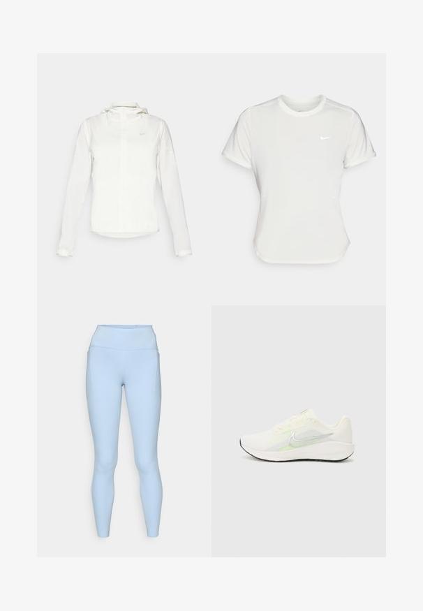 Casaco branco da Nike com capuz, fecho completo, punhos elásticos e um logótipo subtil no peito. Textura suave e design leve.; T-shirt da Nike em branco, mangas curtas, decote redondo, feito de um tecido liso e leve. Apresenta um logo discreto no peito.; Leggings azul claro com uma cintura alta, textura suave e bolsos laterais. Apresenta detalhes de costura discretos e um design ajustado.; Nike Performance DOWNSHIFTER 13 - Sapatos para corrida em estrada - sail/silver-coloured photon dust/summit white/barely volt/black