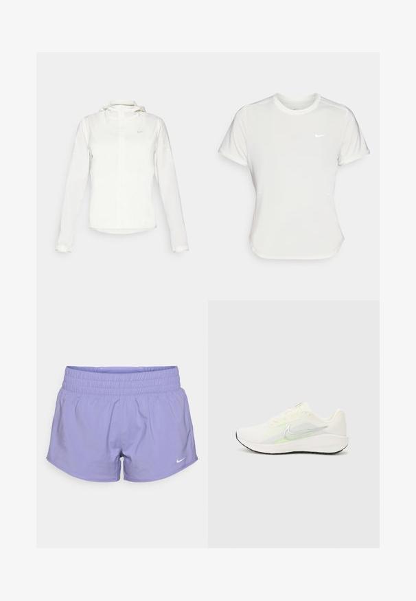 Valkoinen Nike-takki hupulla, täyspitkällä vetoketjulla, joustavilla hihansuilla ja hillityllä logolla rinnassa. Sujuva pinta ja kevyt muotoilu.; Nike T-paita valkoisena, lyhythihaisena, pyöreällä kaula-aukolla, valmistettu sileästä, kevyestä kankaasta. Rinnassa on huomaamaton logo.; Violet urheilushortsit joustavalla vyötäröllä, valmistettu kevyestä kankaasta, jossa on pieni valkoinen Nike-logo alareunassa.; Nike Performance DOWNSHIFTER 13 - Katujuoksukengät - sail/silver-coloured photon dust/summit white/barely volt/black
