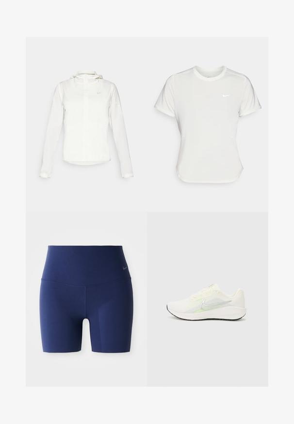 Casaco branco da Nike com capuz, fecho completo, punhos elásticos e um logótipo subtil no peito. Textura suave e design leve.; T-shirt da Nike em branco, mangas curtas, decote redondo, feito de um tecido liso e leve. Apresenta um logo discreto no peito.; Calças de treino de cintura alta azul marinho feitas de um tecido elástico. Apresenta um design sem costuras e um pequeno logótipo cinza na cintura.; Nike Performance DOWNSHIFTER 13 - Sapatos para corrida em estrada - sail/silver-coloured photon dust/summit white/barely volt/black