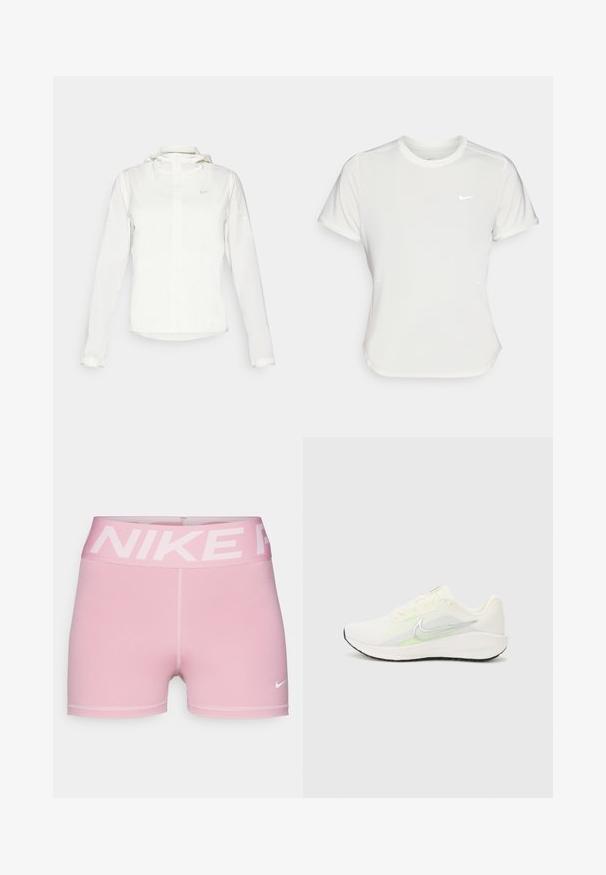Witte Nike-jack met een capuchon, volledige rits, elastische manchetten en een subtiele logo op de borst. Gladde textuur en lichtgewicht ontwerp.; Nike T-shirt in het wit, korte mouwen, ronde halslijn, gemaakt van een gladde, lichte stof. Bevat een subtiele logo op de borst.; Roze Nike shorts met een brede logo tailleband, gemaakt van gladde stof. Heeft een aansluitend ontwerp en een contrasterende witte Nike swoosh.; Nike Performance DOWNSHIFTER 13 - Hardloopschoenen voor op de weg - sail/silver-coloured photon dust/summit white/barely volt/black