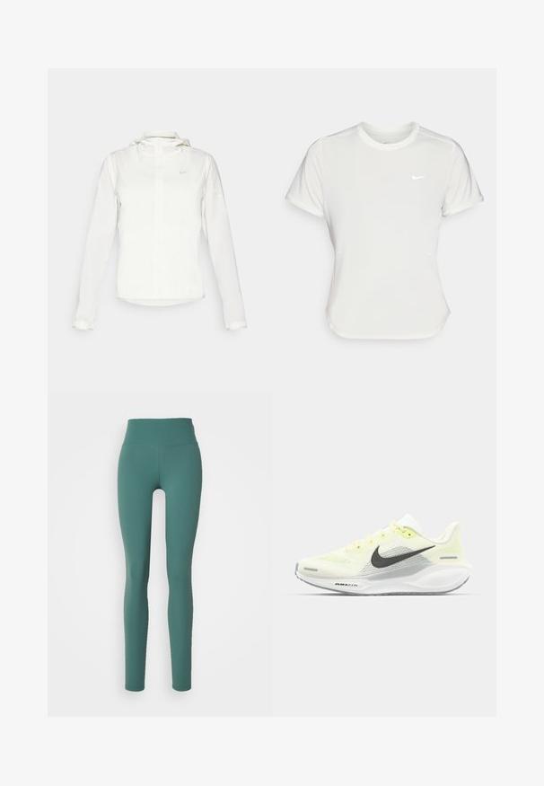 Giacca Nike bianca con cappuccio, zip completa, polsini elasticizzati e un logo discreto sul petto. Texture liscia e design leggero.; T-shirt Nike bianco, maniche corte, scollatura rotonda, realizzata in un tessuto morbido e leggero. Presenta un logo discreto sul petto.; Leggings verdi a vita alta realizzati in tessuto elasticizzato, con una superficie liscia e un design aderente che si estende fino alle caviglie.; Scarpe da corsa Nike con una tomaia in rete giallo chiaro e bianco, dettagli grigi e una suola in gomma flessibile. Presentano una chiusura con lacci.