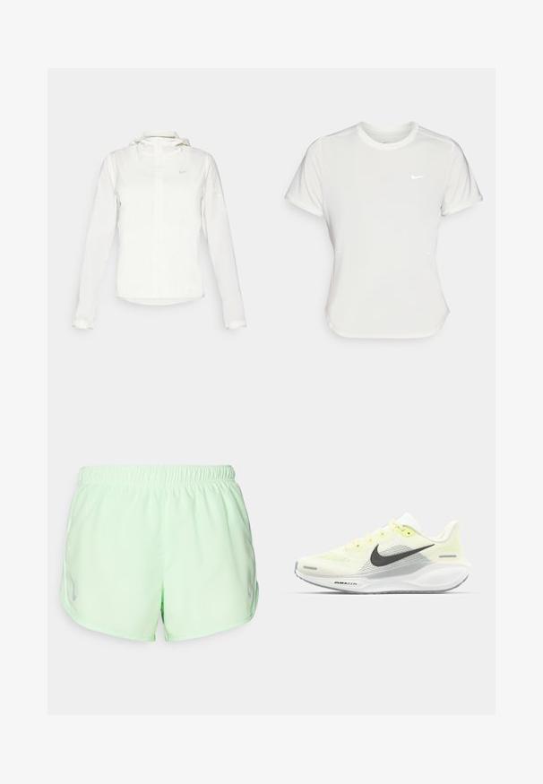 Chaqueta blanca de Nike con capucha, cremallera completa, puños elásticos y un logo sutil en el pecho. Textura suave y diseño ligero.; Camiseta Nike en blanco, de manga corta, escote redondo, hecha de una tela suave y ligera. Presenta un logo sutil en el pecho.; Pantalones cortos deportivos de color verde claro con cintura elástica, que presentan un detalle de logo reflectante y una textura de tela suave y ligera.; Zapatillas de correr Nike con una parte superior de malla en amarillo claro y blanco, detalles en gris y una suela de goma flexible. Cuenta con un cierre de cordones.